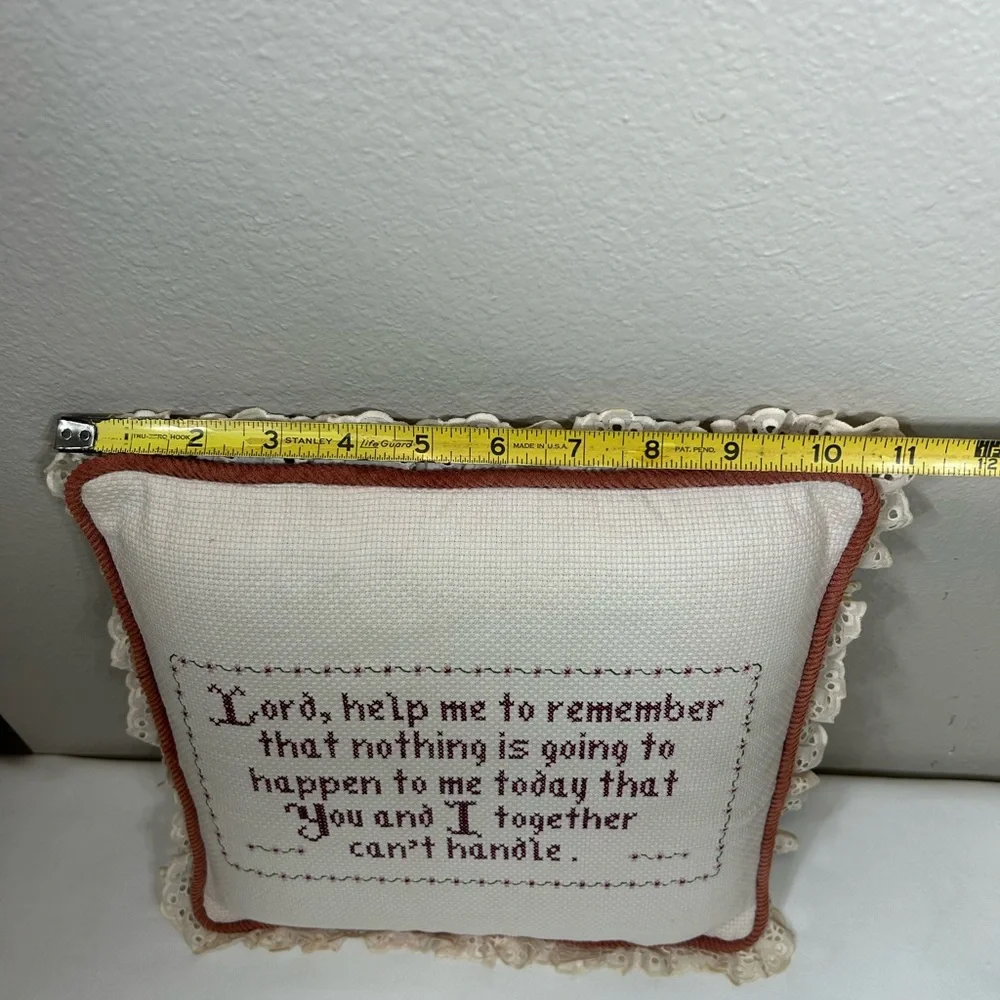Vintage Cross Stitch Ivory Burgundy Decorative Pillow With a Prayer “Lord…